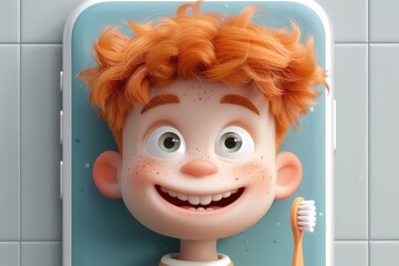 smiling boy with ginger hair with toothbrush