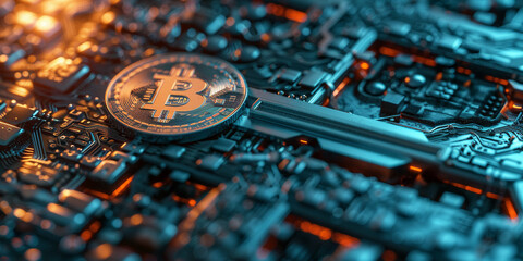a close up macro shot of a digital key with a bitcoin logo - Powered by Adobe