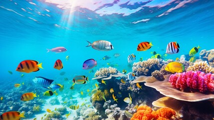 Obraz na płótnie Canvas トロピカルな海、カラフルな魚とサンゴ礁、熱帯の海中の風景