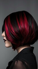 black and cherry cola color hairstyles with a bob, in the style of dark black and light