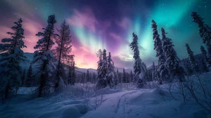 Papier Peint photo Aurores boréales Beautiful aurora northern lights in night sky with snow forest in winter.