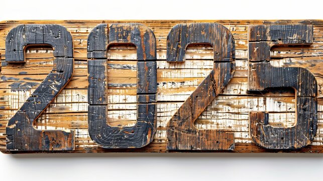 2025 number shape in dark oiled wood texture isolated on a clean white background
