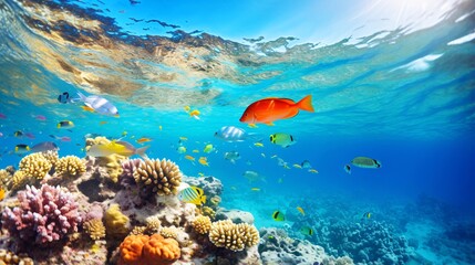 Fototapeta na wymiar トロピカルな海、カラフルな魚とサンゴ礁、熱帯の海中の風景