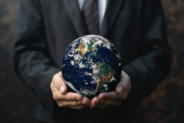 man dressed in black suit and white shirt with tie holding big planet earth in his hands - obrazy, fototapety, plakaty