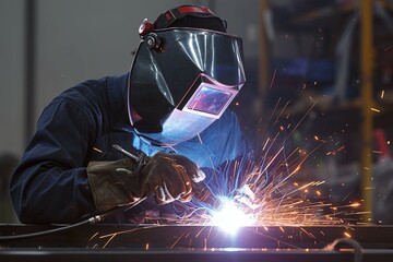 Manufacturing precision Close up of a welder starting work in an industrial setting