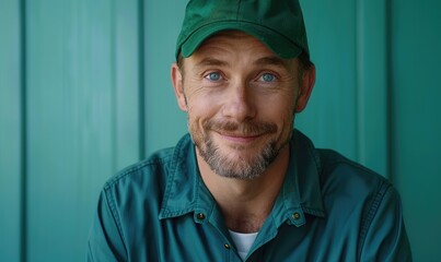 caucasian co-worker happy, 35 years old, looking to the camera whit blue shirt uniform and blue cap