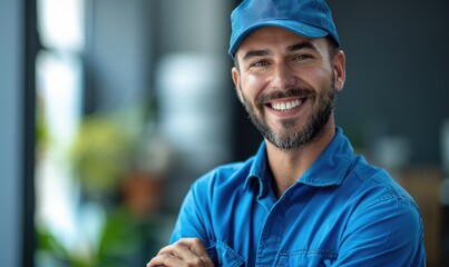 caucasian co-worker happy, 35 years old, looking to the camera whit blue shirt uniform and blue cap