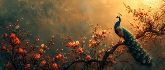 The background is abstract with vintage illustration, floral plants, branches, peacocks, and gold. It consists of a textured background and 3D elements. It can be used for wallpaper, posters, cards,