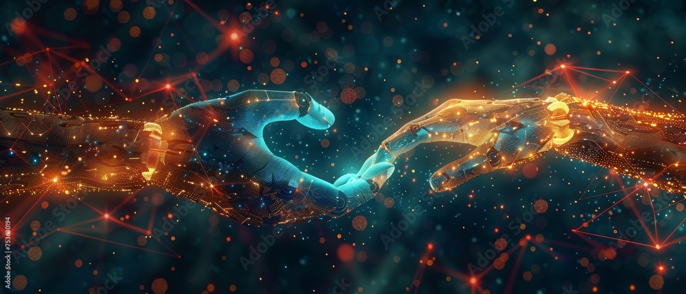 Fototapete Artificial intelligence, machine learning, human and robot fingers touching on a big data network connection background, science and artificial intelligence technology, innovation and technology in