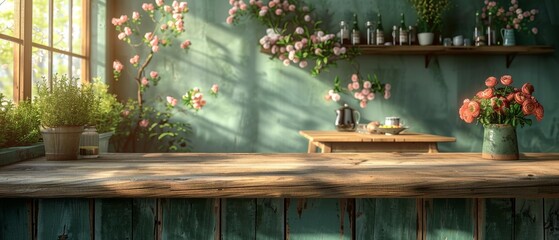 3D illustration of green kitchen interior. Wooden worktops with wooden utensils and appliances. Close-up of a dining table in the background. - obrazy, fototapety, plakaty