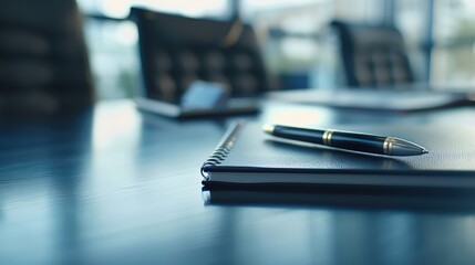 Close-up of black luxury notepad and pen arranged neatly on a conference table - obrazy, fototapety, plakaty
