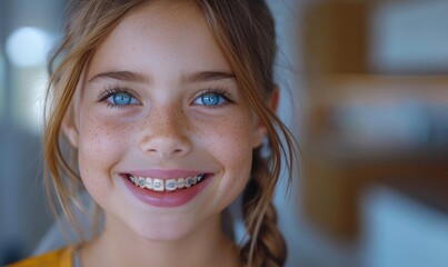 happy child's smile with healthy white teeth with metal braces  - obrazy, fototapety, plakaty