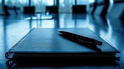 Close-up of black luxury notepad and pen arranged neatly on a conference table