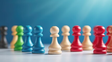 Colorful pawns on blue background, closeup. Social inclusion concept