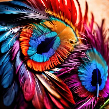 Colorful bird feather texture background, peacock style colors
