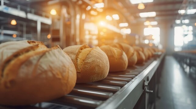 Artisan bread loaves on automated conveyor belt in bustling bakery with industrial equipment.