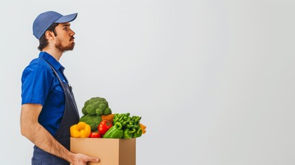 Male food delivery personnel holding a full box of groceries with plain background.