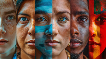 A collage of diverse faces with vibrant, painted stripes across their visages symbolizing unity in diversity and cultural identity.