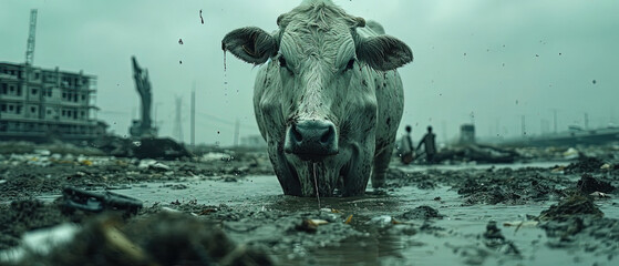 a cow that is standing in the mud