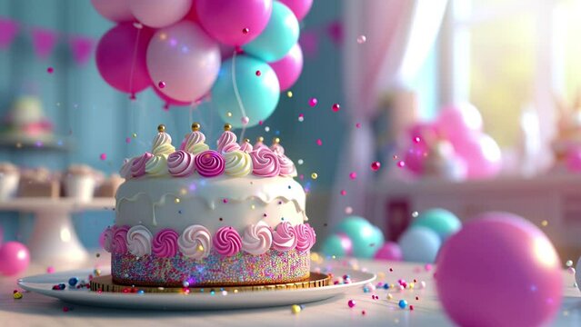 Joyful 3D Cartoon Birthday Scene: Floating Balloons and Decorated Cake Spectacle