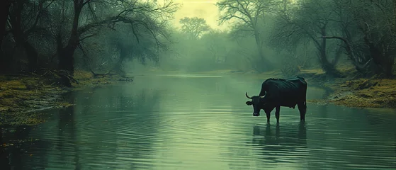  a cow standing in the water in the middle of a forest © Masum
