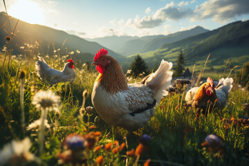 Portrait of chickens on a green grass meadow in mountains, bright sunny day, on a ranch in the village, rural surroundings on the background of spring nature - obrazy, fototapety, plakaty