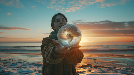 Woman holding the world in her hands, symbolic