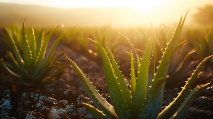 Naklejka na ściany i meble Aloe vera plant growing in field in plantation with sunlight.