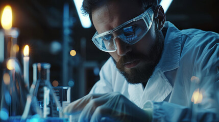 Focused scientist examining a specimen in a laboratory, surrounded by glassware under blue lighting, showcasing the intensity of scientific research. - obrazy, fototapety, plakaty