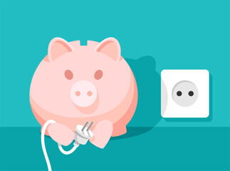 Cartoon piggy bank with electric plug and socket