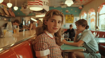 A young woman seated at a retro diner counter, looking over her shoulder at the camera with a subtle smile.