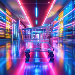 Digital futuristic glowing neon shopping cart in motion on an abstract colorful background