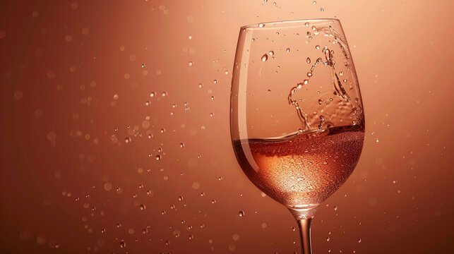 A breathtaking 8K HD image of a wine glass being gently lifted, with droplets of condensation visible, set against a warm terracotta solid color background.