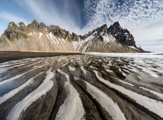  Sand and snow patterns on the beach at Stokksnes (Vestrahorn)
