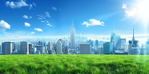 Grassy field with city in background