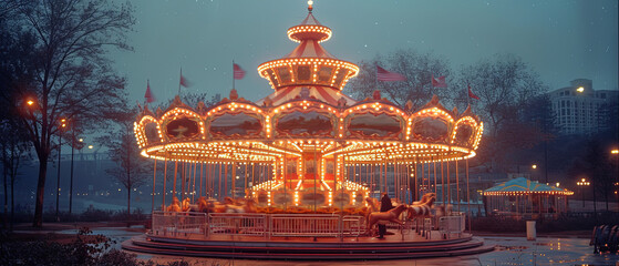a carousel with lights on in a park at night