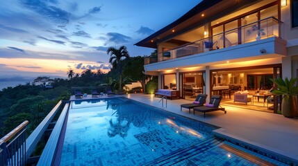 A lavish villa featuring a swimming pool against the backdrop of dusk - obrazy, fototapety, plakaty