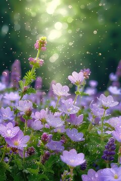 spring morning, after heavy rain with lavender flowers 