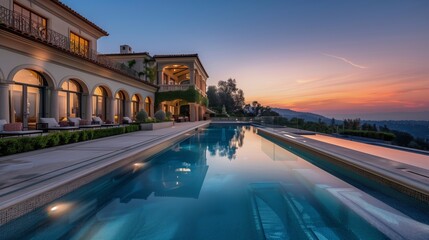 A lavish villa featuring a swimming pool against the backdrop of dusk --ar 16:9 Job ID: e94ab55a-0026-41ed-aac1-b5fedff40b2b - obrazy, fototapety, plakaty