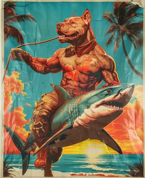 muscular pit bull wearing 1983 gang warrior clothes riding a shark 