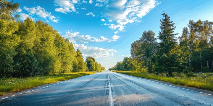 large empty summer road with trees and blue sky