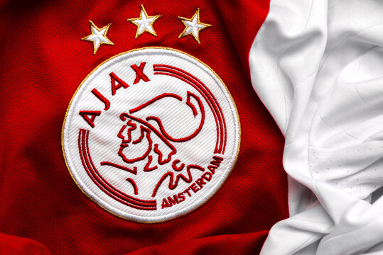 Closeup of AFC Ajax Amsterdam Football Club crest on the sports shirt