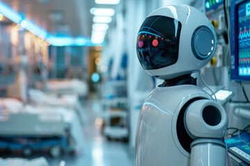 Fototapeta premium Autonomous medical robot in hospital setting. Advanced technology in healthcare and medical monitoring concept.