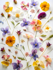 Pressed wildflower petals on a white background