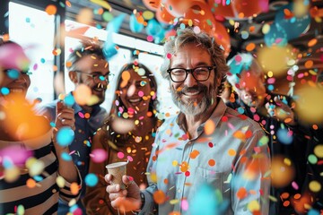 Obraz premium Image captures the essence of a vibrant celebration with partygoers surrounded by a burst of colorful confetti