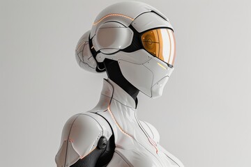 Sleek futuristic robot with visor. High-tech android and artificial intelligence concept. Design for robotics innovation, AI development, and advanced technology.