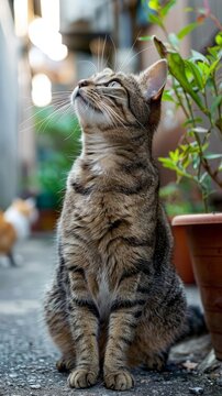 Tabby cat looking upwards with curiosity. Urban feline life and exploration concept. Outdoor cat portrait with natural lighting and bokeh. Design for animal behavior, curiosity
