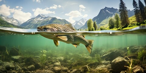 best trout fishing game hrt, big trout swimming complete under water line and the beautiful mountains. Generative AI