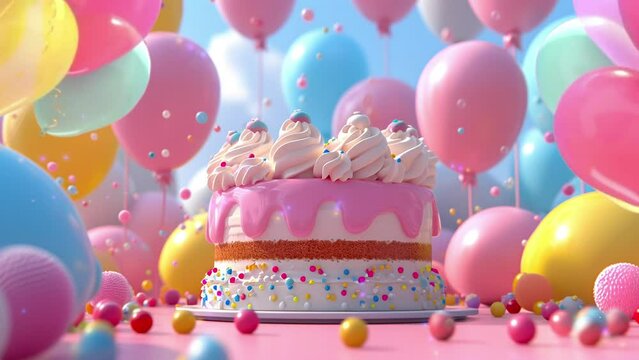 Playful 3D Birthday Setting: Cute Balloons and Charming Cake Await Celebration