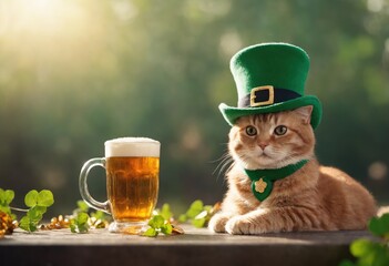 Ginger cat in leprechaun costume and hat poses next to glass of beer, against background of blurred...